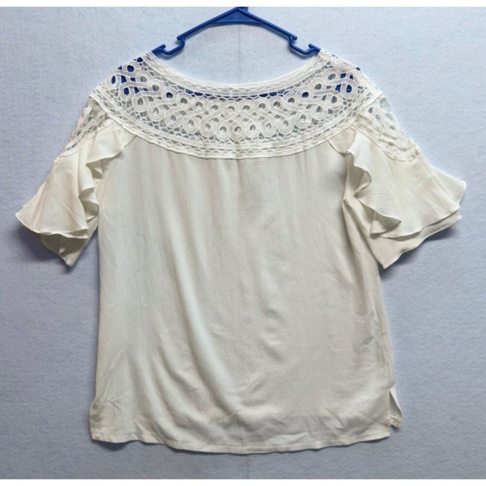 Lace Neck Feather Sleeve Blouse Top Shirt Cream White Women's Size Medium